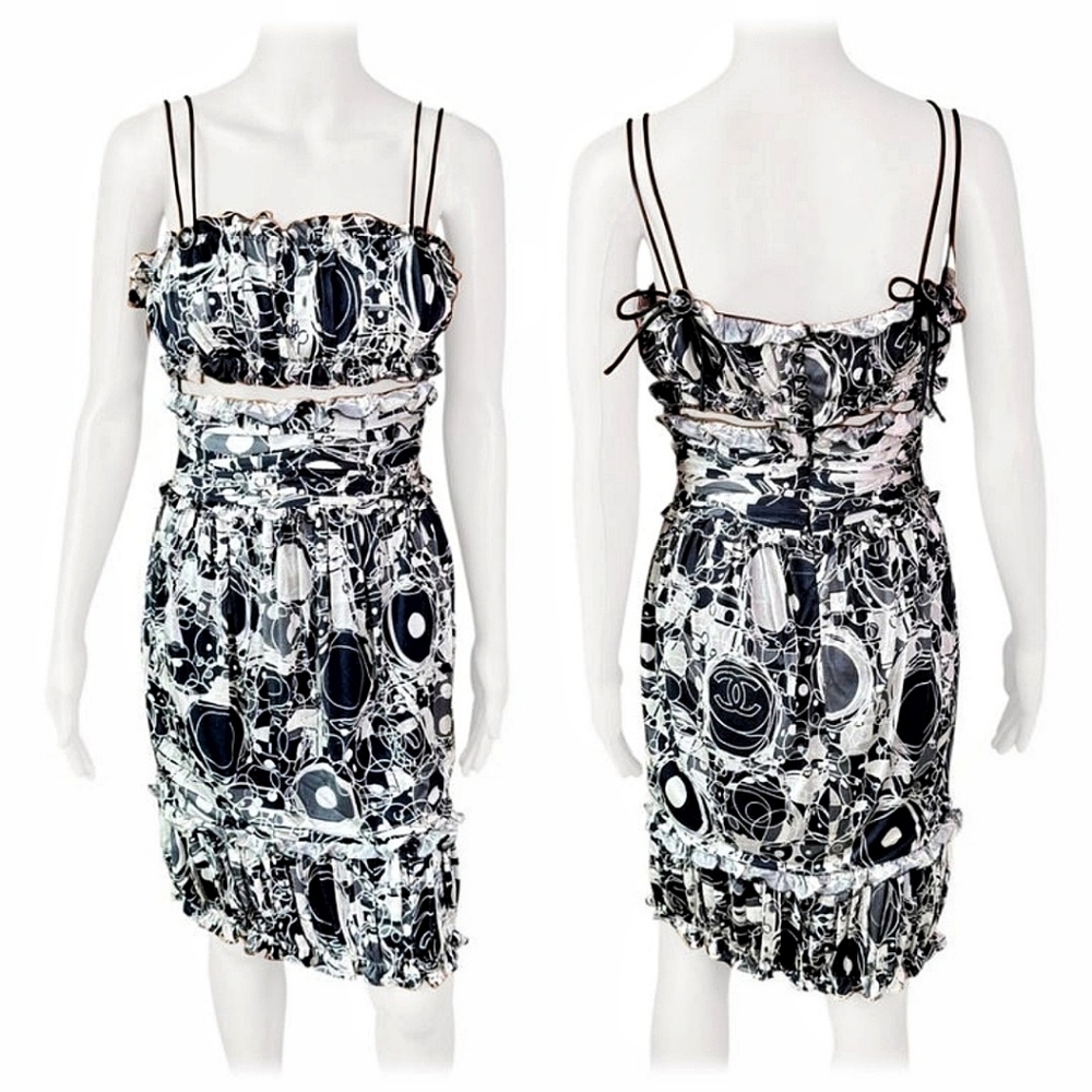 Chanel S/S 2008 CC Logo Monogram Print Cutout Mesh Ruffled Silk Mini